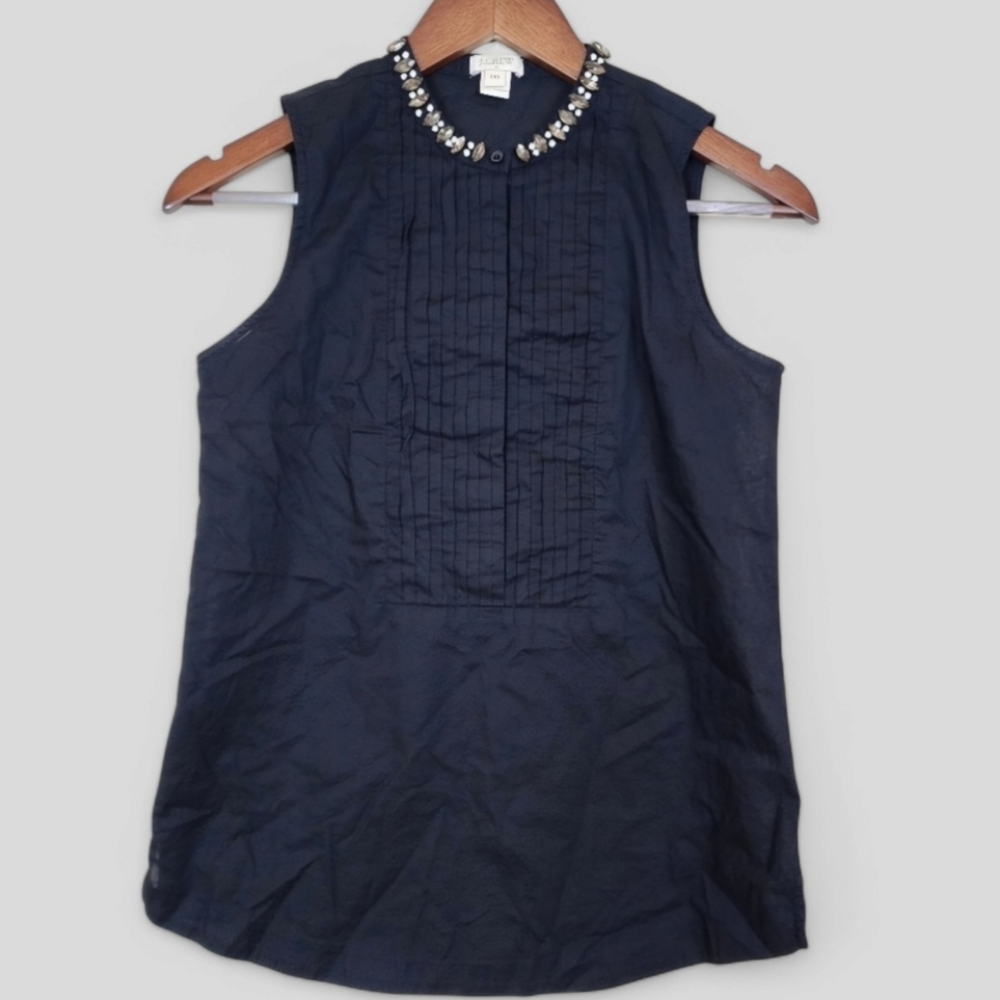 J. Crew Cotton Sleeveless Top  Black Size 00 with Rhinestone Collar Blouse - Picture 2 of 5